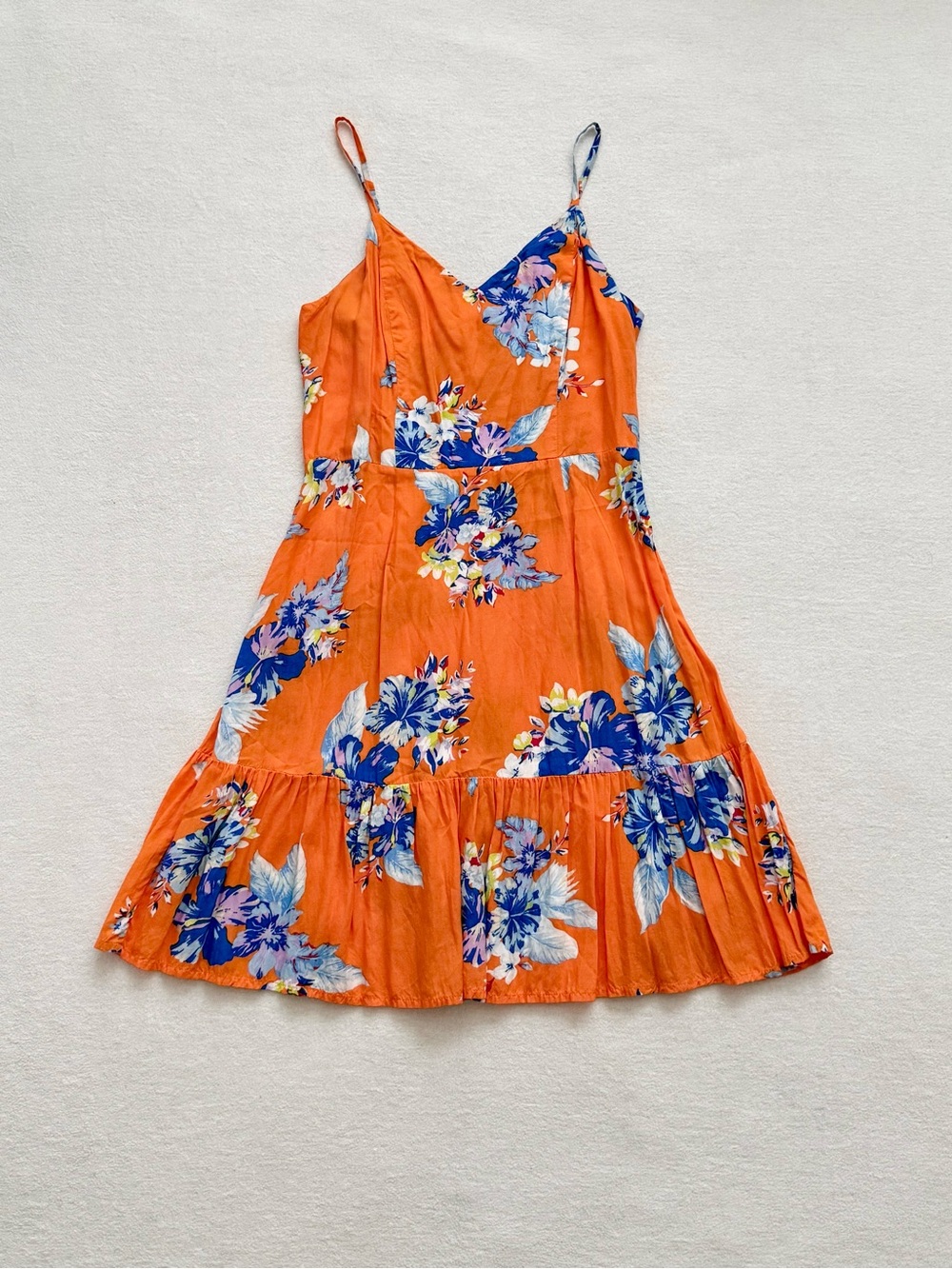 Floral Smocked Mini Sundress Orange Tiered Rayon Beach Boho Women’s S